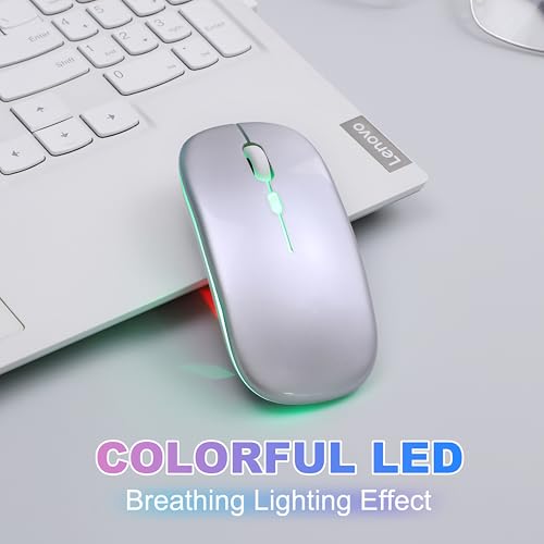 Wireless Bluetooth Mouse Rechargeable Long Lasting Dual Mode - BT 5.2 & 2.4G Silent RGB LED Mice, Slim Portable Ergonomic Mouse for Laptop/PC/Tablet/MacBook/iPad/Apple Devices (Silver) - color: Silver
