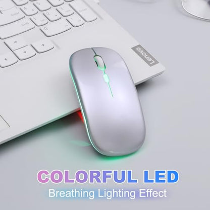 Wireless Bluetooth Mouse Rechargeable Long Lasting Dual Mode - BT 5.2 & 2.4G Silent RGB LED Mice, Slim Portable Ergonomic Mouse for Laptop/PC/Tablet/MacBook/iPad/Apple Devices (Silver) - color: Silver