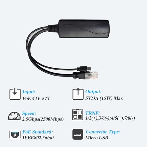2.5G Micro USB PoE Splitter 5V/3A, PoE to Micro USB 5V/3A 15W Output, 2.5Gbps Ethernet Comply IEEE802.3af/at, Plug and Play for Smart Home - style: USB0503G-X 5V/3A