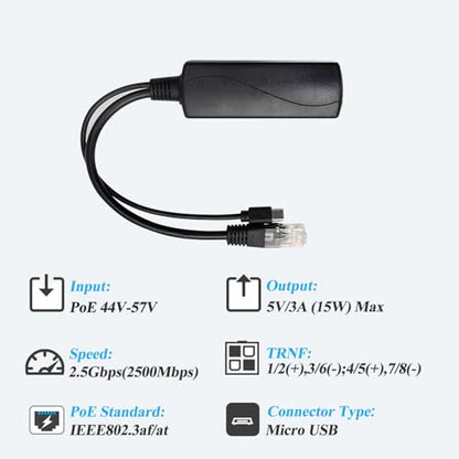 2.5G Micro USB PoE Splitter 5V/3A, PoE to Micro USB 5V/3A 15W Output, 2.5Gbps Ethernet Comply IEEE802.3af/at, Plug and Play for Smart Home - style: USB0503G-X 5V/3A