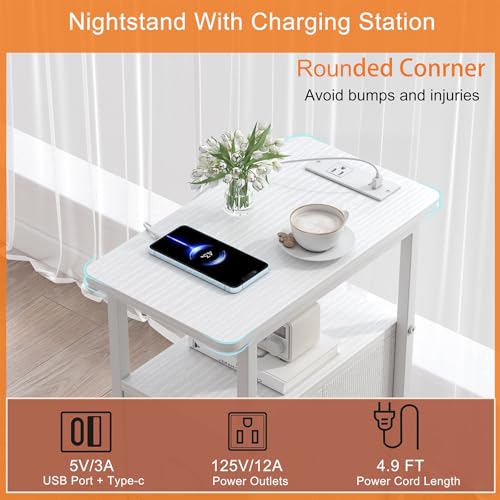 sthmec Narrow End Table with Charging Station, Narrow Side Table with 2 Fabric Drawers, Slim Nightstand, Skinny Bedside Table, Small Side Table for Small Spaces, Living Room, Bedroom, White - color: White, size: 7.87'' W x 15.75'' D x 24.37'' H, style: Po