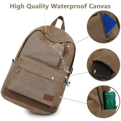 Canvas Laptop Backpack, Waterproof School Backpack With USB Charging College - color: Coffee