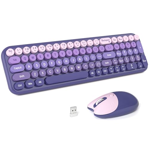 MOFII Wireless Keyboard and Mouse Combo, Compact Typewriter Retro Round Computer Keyboard and Mouse Set, Plug and Play, for Windows, Computer, Desktop, PC, Notebook - (Purple Gradient) - color: Purple Gradient