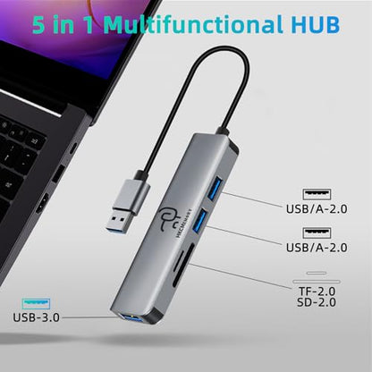 USB A Hub 5-in-1 Aluminum Adapter, with USB 3.0, USB 2.0 Ports, SD/TF Card Reader, for A Port Laptop, PC, Desktop,PS4/5, Xbox and More