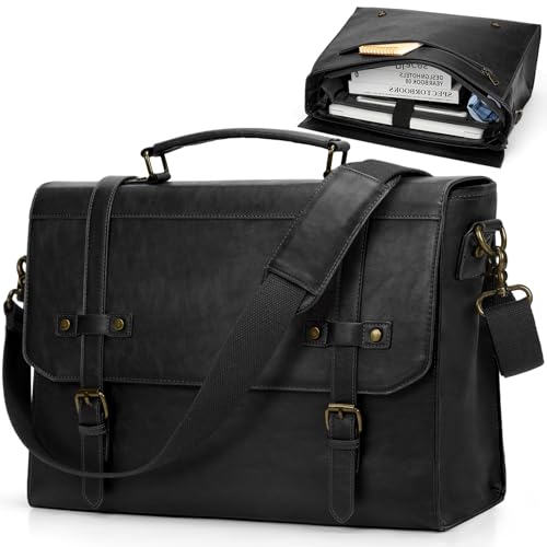 RAINSMORE Mens Messenger Bag 17 Inch Waterproof Vintage Leather Laptop Briefcase Large Laptop Bag Satchel Bag Computer Shoulder Bag for Office Business Travel College,Brown - color: Black, size: 17 inch