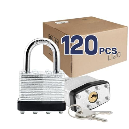 LanuBe Laminated Keyed Alike Padlock 120 Pack 1.6-in Wide Standard Shackle | Brass cylinder with keyed alike design.One key opens all locks.Black,Standard shackle for gates, sheds,hasps ＆ toolboxes - size: 120 Pack Black