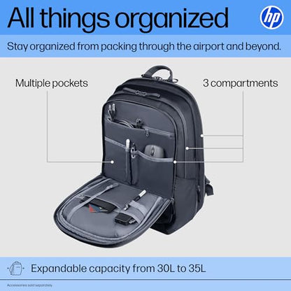 HP 17-Inch Laptop Backpack Travel Plus 30L, Water-Resistant 750D Recycled Plastic, RFID-Blocking Pocket, Anti-Puncture Zippers, Key Fob, Polyester, Blue Graphite, A2CC9AA