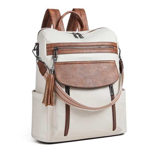Laptop Backpack for Women 15.6 inch,Travel Leather Backpack Purse Nurse Teacher Carry on Backpack Computer Bag,Professional Water-Resistant College Business Work Casual Daypack,Beige with Brown - color: Beige With Brown
