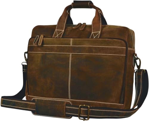 Hindoro 16 Inch Full Grain Leather Laptop Messenger Briefcase Bag for Men - Leather Satchel for Business Travel and Office Crossbody Shoulder Bag - Brown