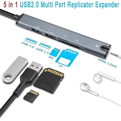 QIANRENON 5 in 1 USB Docking Station Hub USB 2.0 to USB 2.0 TRRS 3.5mm Audio TF/SD Card Reader Multi Function Port Replicator Adapter, for Laptop TF/SD Memory Card ISO 4 Pole Headphone