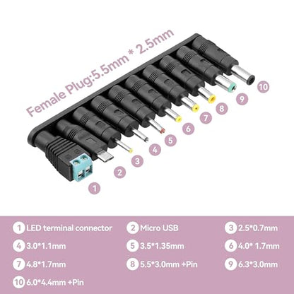 Universal 5V DC Power Cable, USB to DC Charging Cord with 10pcs Adapter Plugs Compatible with Webcam Router, Power Bank, Toy, Recorder, Bluetooth Speaker, Scanner, DVR, Hard Disk Box, USB-HUB etc.