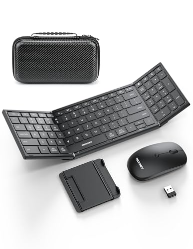TECKNET Foldable Bluetooth Keyboard and Mouse Combo, Wireless Keyboard Mouse, Rechargeable 2.4G & Dual Bluetooth Travel Keyboard Mouse Set for Business Travel, Compatible with Windows/Mac/iOS/Android