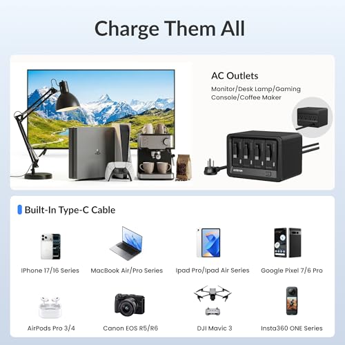 12-in-1 Desktop Modular Charging Station, 4 65W USB C Retractable Chargers with 33.5in Built-in Cables, ETL Surge Protector Charging Hub for Laptop, Phone, Tablet, Home Office Desk, Black - color: Black