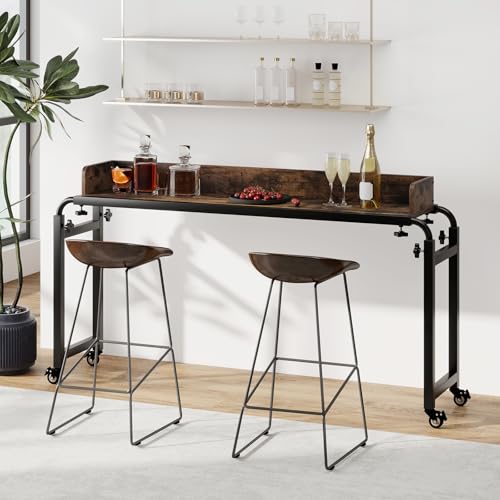 Tangkula Overbed Table with Wheels, Queen Size Mobile Bed Desk with Adjustable Height & Length, Rolling Computer Desk with Metal Frame, Laptop Cart for Bedroom, Living Room, Hospital (Rustic Brown)
