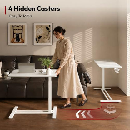 SANODESK 28''Pneumatic Adjustable Overbed Bedside Table with Hidden Casters | Medical Mobile Side End Table Laptop Computer Standing Desk Cart with Tray, Hospital and Home Use(27.6" W x 15.7" D,White) - color: White, size: Small