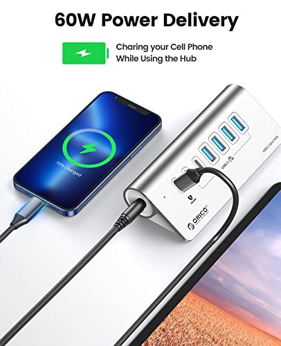 ORICO 7-Port USB 3.2 Gen2 Hub, Powered USB 3.2 Hub with 4 USB-A, 2 USB-C, PD 60W, 72W Power Adapter, 10Gbps Aluminium USB-Splitter with 1.64Ft USB-C to USB-A/C Cable for iMac, MacBooks, Mac mini - size: 50cm, style: M3U4C3