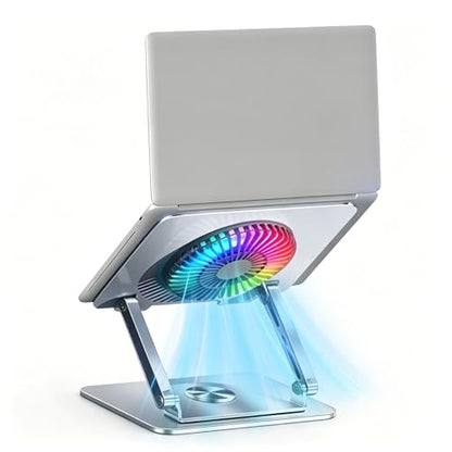 RGB Cooling Laptop Stand with 360° Rotating Base, Adjustable Foldable Laptop Riser, Ultra Quiet Fan for Heat Dissipation, Ergonomic Height Angle Laptop Stand Fit 10-17.3" Laptops/Tablets (Silver)