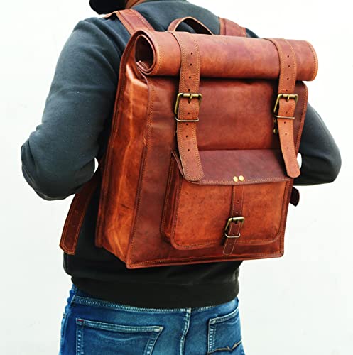 URBAN DEZIRE Men's 17 inch Leather Vintage Roll On Laptop Backpack Rucksack knapsack college bag - size: 14"(L), 18"(Rolled) -(H)- 24"(Open), 4(W)