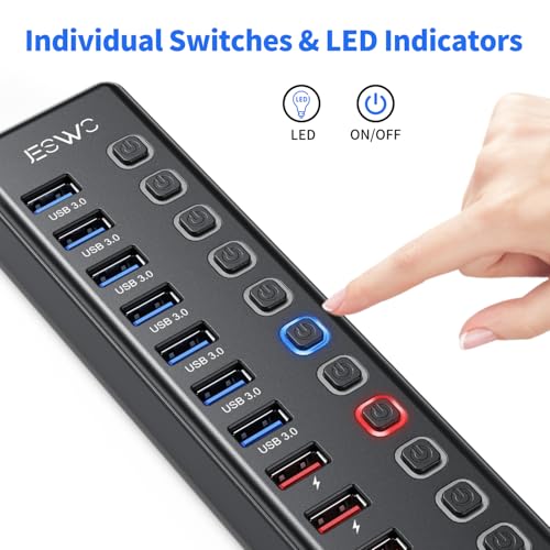 Powered USB Hub, JESWO 11-Port USB 3.0 Hub (7 Data Transfer Ports + 4 Smart Charging Ports) with Individual LED On/Off Switches, USB Hub Powered with 12V/3A Power Adapter for Mac, PC - style: 7+4 USB 3.0 Hub