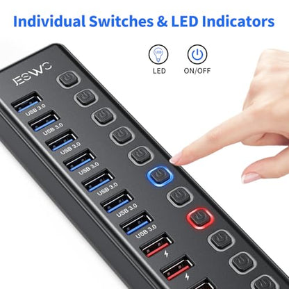 Powered USB Hub, JESWO 11-Port USB 3.0 Hub (7 Data Transfer Ports + 4 Smart Charging Ports) with Individual LED On/Off Switches, USB Hub Powered with 12V/3A Power Adapter for Mac, PC - style: 7+4 USB 3.0 Hub