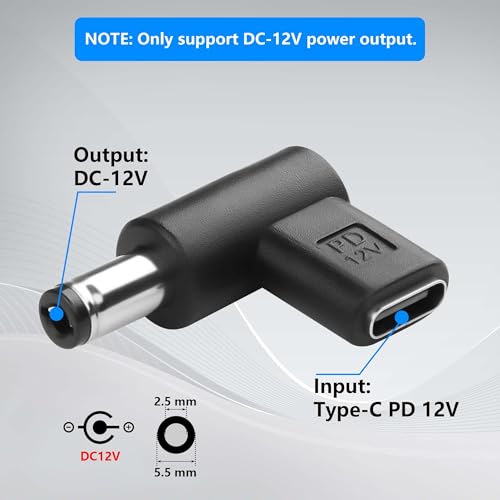 GINTOOYUN 2PCS 12V DC Power Connector Adapter 90 Degree Angle Female USB C to Male DC 5.5mm x 2.5mm Converter 12V USB Type C Input to DC5521 Output Adapter (12V)