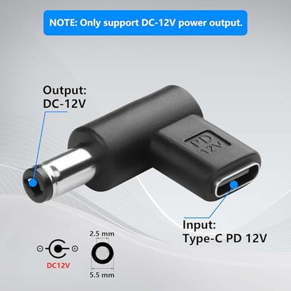 GINTOOYUN 2PCS 12V DC Power Connector Adapter 90 Degree Angle Female USB C to Male DC 5.5mm x 2.5mm Converter 12V USB Type C Input to DC5521 Output Adapter (12V)