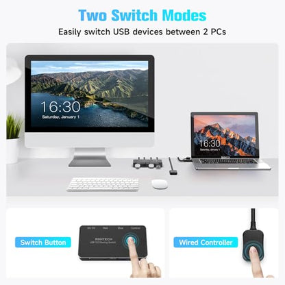 RSHTECH USB 3.2/USB C Switch 10Gbps 2 Computers Share 4 Devices, RSH-A201C | USB Switcher Selector with USB 3.2 Ports(2 USB-A+2 USB-C), 2 Cables and Controller for PC Laptop, No Video Output or Charging