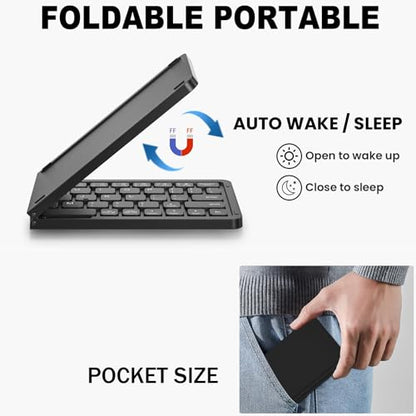 Foldable Bluetooth Keyboard - Ultra Slim, Portable, Pocket Size, Rechargeable Wireless Full Size Travel Keyboard, Compatible with iOS, Android, Windows, for Smartphone, Tablet, Ipad, Iphone, Laptop