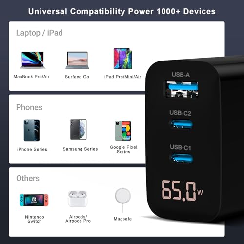 DCV 65W USB C Charger, GaN 3-Port Fast Charging Block with LED Digital Display, PD/PPS/QC 3.0 Foldable Wall Charger for Laptops, MacBook, iPhone 15/14/13, iPad Pro, Galaxy S23/S22, Note 20/10 (Black)