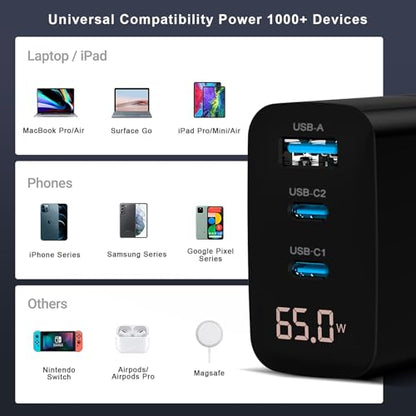 DCV 65W USB C Charger, GaN 3-Port Fast Charging Block with LED Digital Display, PD/PPS/QC 3.0 Foldable Wall Charger for Laptops, MacBook, iPhone 15/14/13, iPad Pro, Galaxy S23/S22, Note 20/10 (Black)