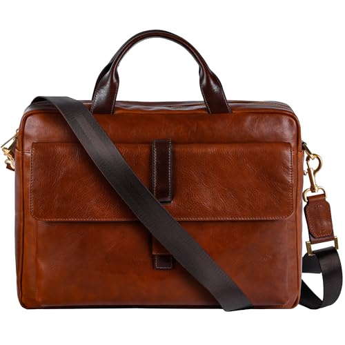 Time Resistance Leather Briefcase - Italian Handmade Leather Laptop Bag - Handbag for Men and Women - color: Cognac Brown