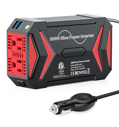 BESTEK Pure Sine Wave Power Inverter, 300W DC 12-17V to 110V AC Car Adapter | Vehicle Plug in Cigarette Lighter Outlet Solar Inverter, 4.8A Dual USB Fast Charging Ports for Phone, Laptop, CPAP(Black) - color: Black