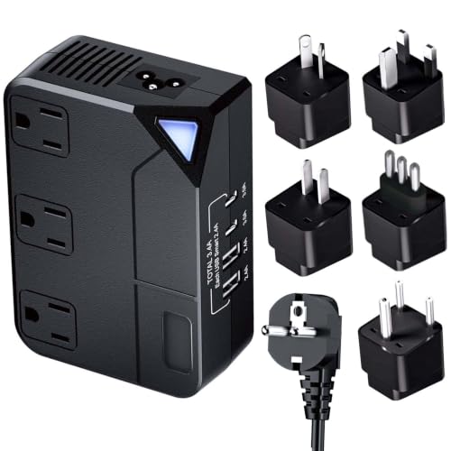 100V–220V Travel Converter, 2000W Voltage Converter with 2 USB and 2 USB-C Charging Ports and 3 AC Plugs for Curling Irons and Hair straighteners; Included Plugs are Types A, C, D, G, I, and L
