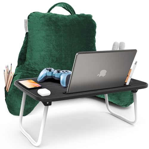 Clara Clark Reading Pillow with Portable Lap Desk Set for Kids, Back Pillow for Sitting Up in Bed, Memory Foam Back Support Pillow, Bed Rest Pillow with Foldable Laptop Desk, Small - Dark Green - color: Dark Green, size: Petite/Small