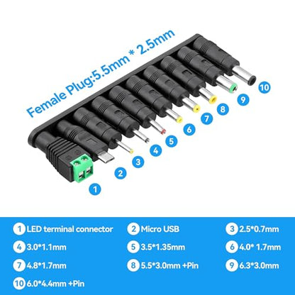 DC Plug 10 Connector Tips Kits [6.0x4.4mm 6.3x3.0mm 5.5x2.5mm 5.5x3.0mm 4.8x1.7mm 4.0x1.7mm 3.5x1.35mm 3.0x1.1mm 2.5x0.7mm Micro USB LED Terminal Connector] for 5.5 x 2.1mm AC Power Adapter