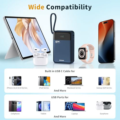 Hichain Laptop Power Bank 65W Portable Charger 20000mAh Blue | Fast Charging with USB C Cable, Phone Charger for iPhone 17/16/15/14/13 All Series/Samsung/Android, Camping Essential - color: Blue