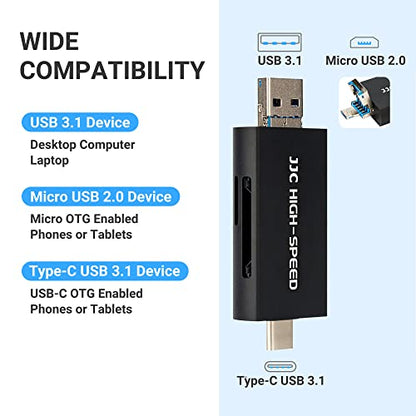 JJC UHS-II SD MicroSD USB Card Reader, Transfer Speed up to 312MB/s, Black | SD Card Adapter, 3-in-1 USB-A USB-C Micro USB Connection Port, Compatible with Computer, Laptop, OTG Enable Phone & Tablet - color: Black