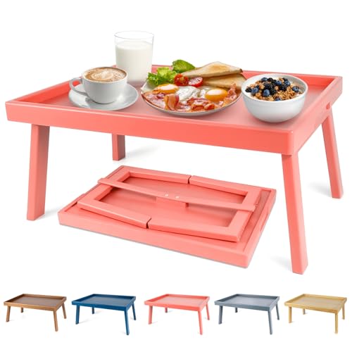Bamboo Bed Table Tray with Support Bar and Foldable Legs, Breakfast Food Trays Table for Bed Sofa Eating and Laptops, TV Lap Tray Table on Couch (Applied for Invention Patent) - color: Pink, size: 16.9x11.8x8 in