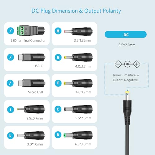 Belker 41W Universal 6V 9V 12V 15V 18V 20V 24V AC DC Adapter with 10 Tips | USB C Power Supply for Household Electronics Router Smart Phone Mp3 Tablets CCTV Cameras - 1.5A 1500mA Max - size: 41w 6-24v 1.5a w/USB