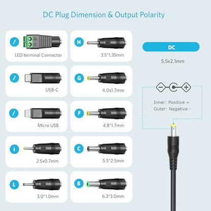 Belker 41W Universal 6V 9V 12V 15V 18V 20V 24V AC DC Adapter with 10 Tips | USB C Power Supply for Household Electronics Router Smart Phone Mp3 Tablets CCTV Cameras - 1.5A 1500mA Max - size: 41w 6-24v 1.5a w/USB