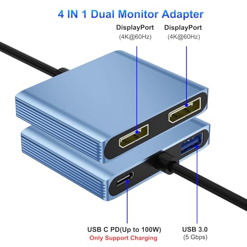 DisplayPort Splitter for Dual Monitors, 4K@60Hz USB C to Dual DisplayPort Splitter Adapter for Extended Display with 2 Displayports/USB3.0/100W PD Fast Charging, Compatible with MacBook/HP/Dell/Lenovo