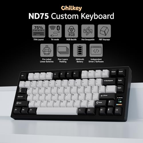 OOCTPK Chilkey ND75 Aluminum Keyboard 75% Percent Wireless Gaming Mechanical Keyboard with LCD Screen, Quick Assembly, BT/2.4G/USB-C, Hot Swappable Per-Key RGB Custom Keyboard for Laptop Office PC - color: Black, size: 1.2mm PCB Flex Cut