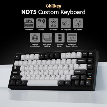 OOCTPK Chilkey ND75 Aluminum Keyboard 75% Percent Wireless Gaming Mechanical Keyboard with LCD Screen, Quick Assembly, BT/2.4G/USB-C, Hot Swappable Per-Key RGB Custom Keyboard for Laptop Office PC - color: Black, size: 1.2mm PCB Flex Cut