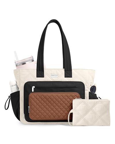 TOPDesign Puffer Laptop Bag for Women, Quilted Teacher Tote Nurse Work Briefcase, Computer Handbag with 40oz Cup Holder - color: Beige/Black/Brown, size: 17.3 Inch