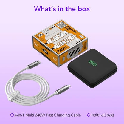 MFish 240W 4-in-1 Charging Cable with Carrying Case, 6.6FT Fast Charger USB-A & USB-C to USB-C/Lightning, for iPhone 17/16/15/14, MacBook, iPad, Samsung S25/S24 (White, 6.6Ft) - color: White, size: 6.6Ft