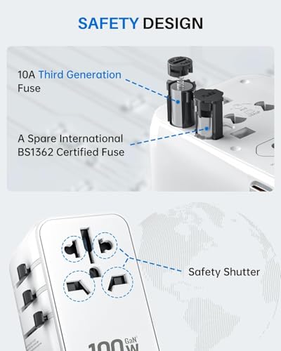 DOACE 100W GaN Universal Travel Adapter with USB-C Cable | 100W GaN Fast Charging, Built-in USB-C Cable, 6-in-1 Design, Works in Europe, UK, US & Australia, Compact Travel Essential - color: White