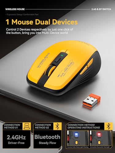 FMOUSE Wireless Mouse, Bluetooth & 2.4GHz Dual Mode, No Charging Needed (AA Battery), Silent Click, Side Shortcut Keys, 4-Level DPI, Compact for MacBook Laptop iPad PC – Yellow & Black - color: Yellow and Black