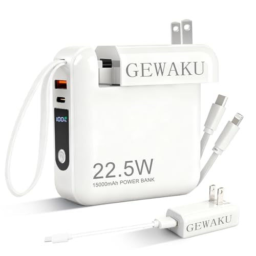 Detachable Wall Plug Portable Charger 15000mAh Power Bank 22.5W | Fast Charging Built-in Cables, 3-in-1 Compact USB-C Battery Pack Travel Essentials for iPhone 17,iPad, Android, Samsung - color: White
