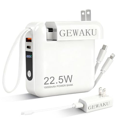 Detachable Wall Plug Portable Charger 15000mAh Power Bank 22.5W | Fast Charging Built-in Cables, 3-in-1 Compact USB-C Battery Pack Travel Essentials for iPhone 17,iPad, Android, Samsung - color: White