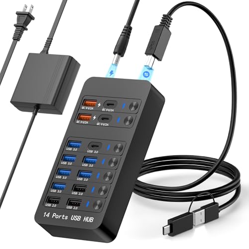 Powered USB Hub, 14 Ports USB Splitter with Individual Power On/Off Switches, 60W Power Adapter for Mac, PC, and More